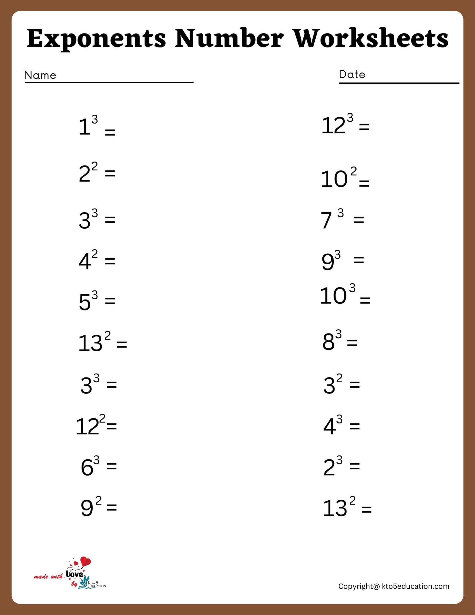 Squares and Cubes Exponents Worksheet Free Printable