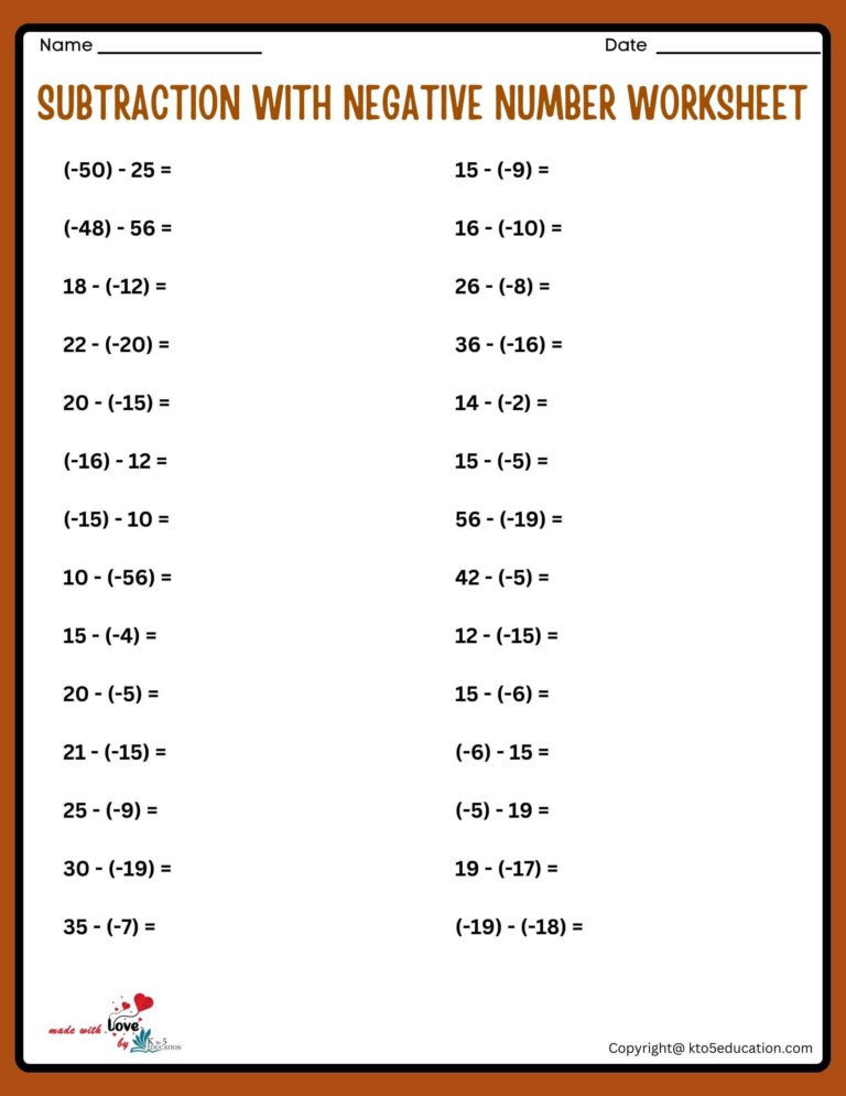 Subtracting Positive And Negative Numbers Worksheet