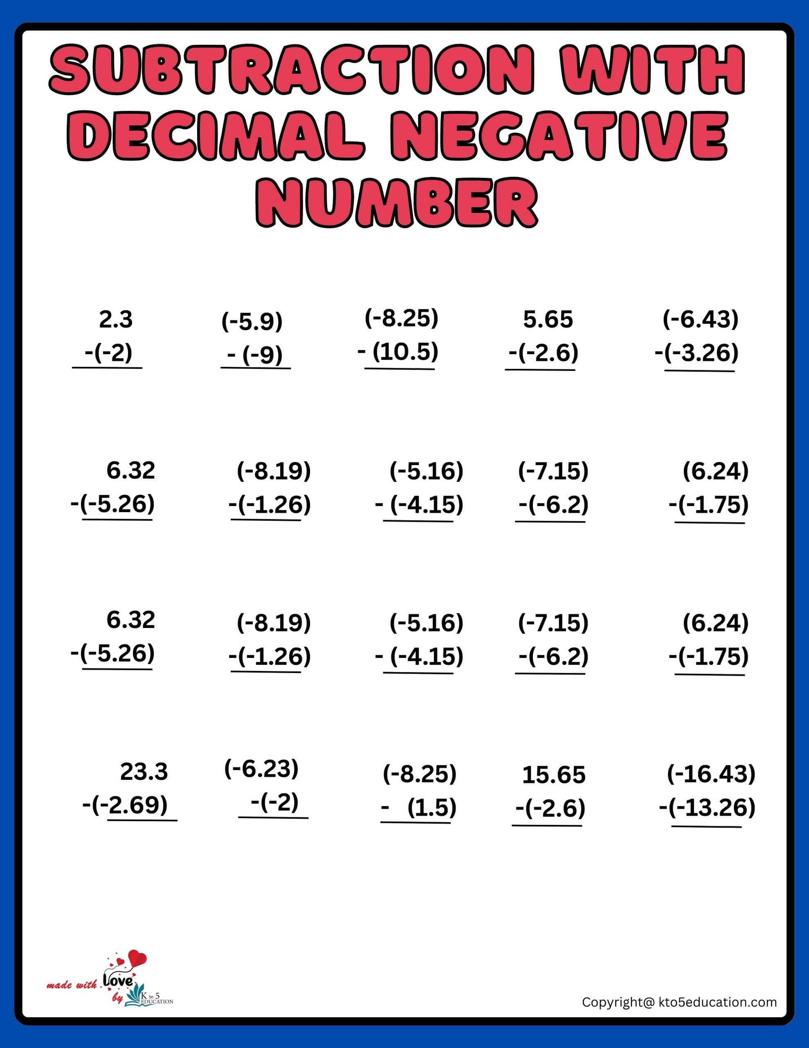 Subtraction With Decimal Mixed Number Worksheet