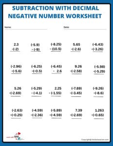 Subtraction With Decimal Negative Number Worksheet