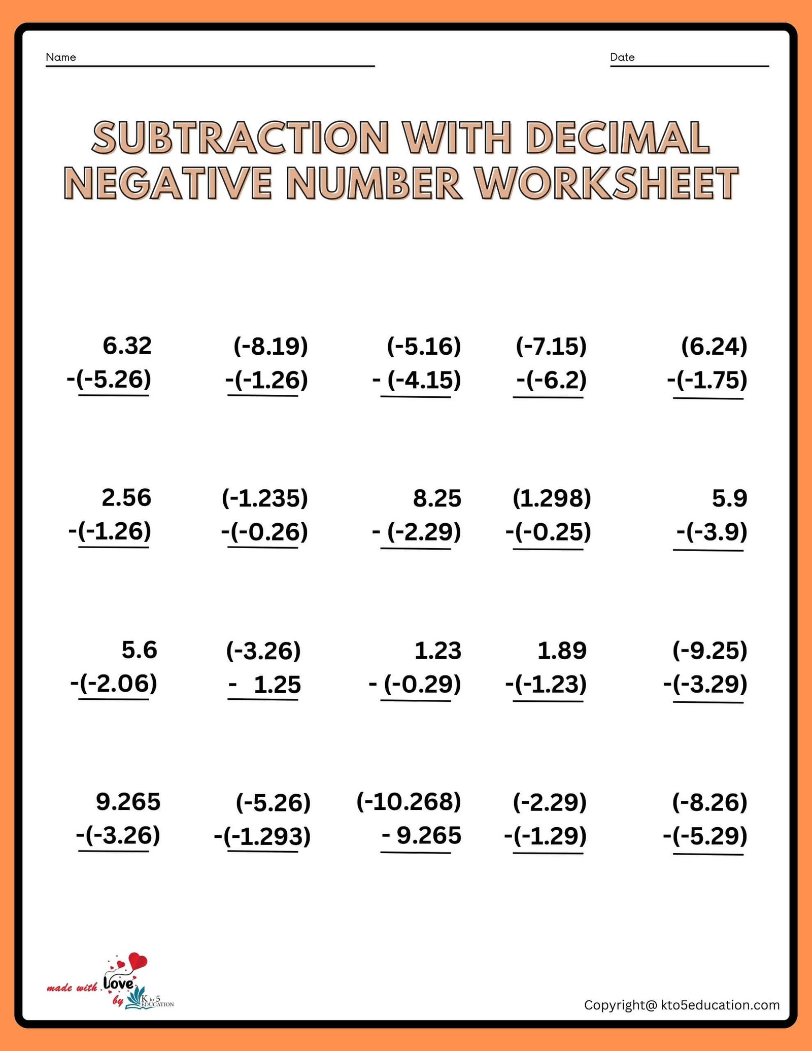 Subtraction With Decimal Negative Numbers Worksheet