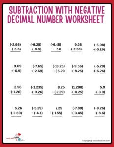 Subtraction With Decimal Of Negative Numbers Worksheet