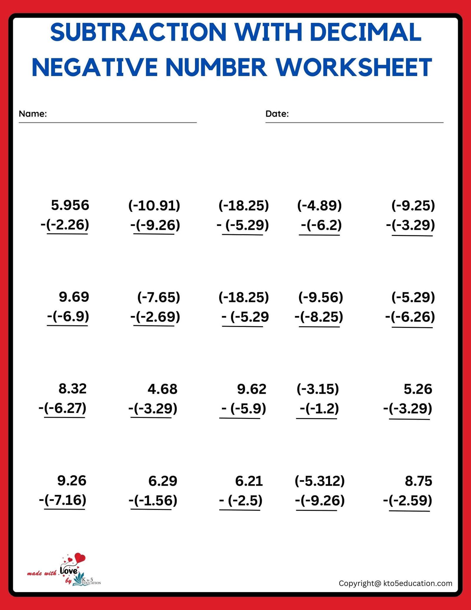 Subtraction With Decimals Worksheet
