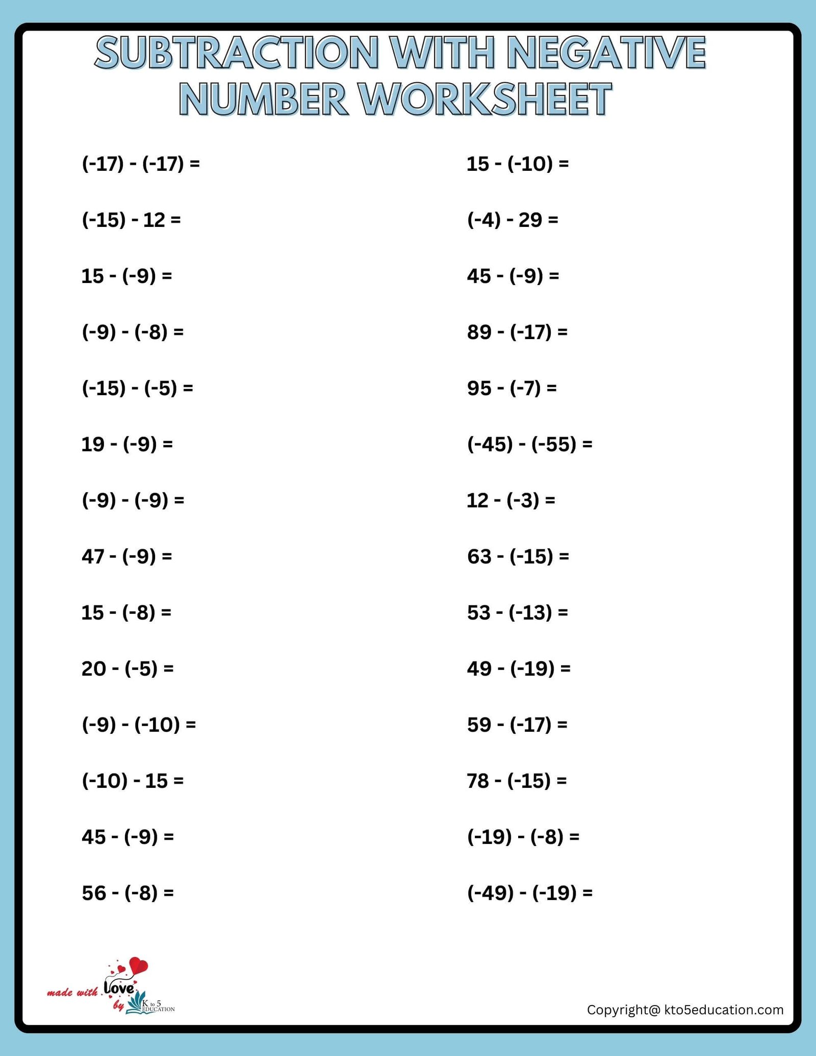 Subtraction With Negative Number Worksheet