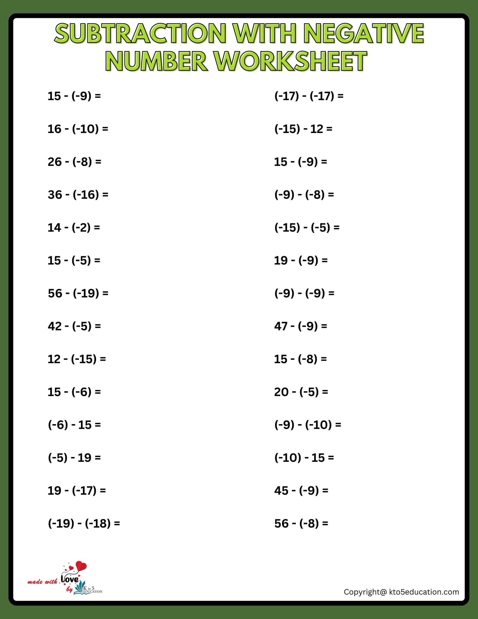 Subtraction With Negative Numbers Worksheet