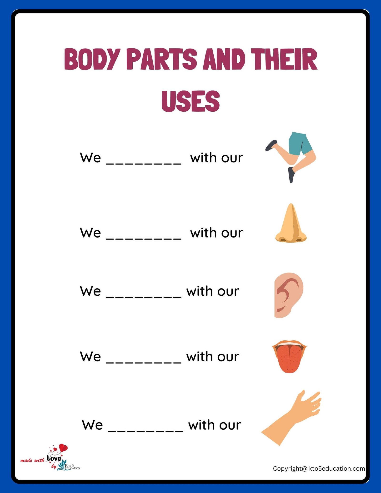 Write The Missing Sentence Parts Of Body And Their Uses Worksheet