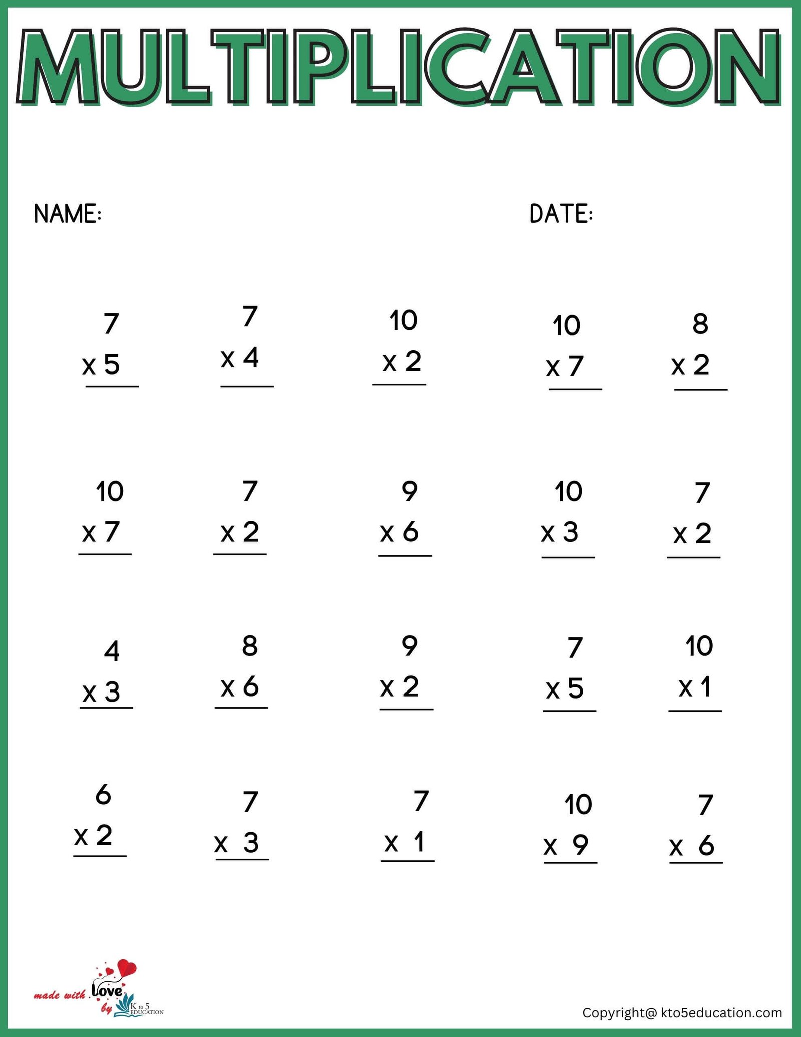 1st Grade Multiplication Worksheet
