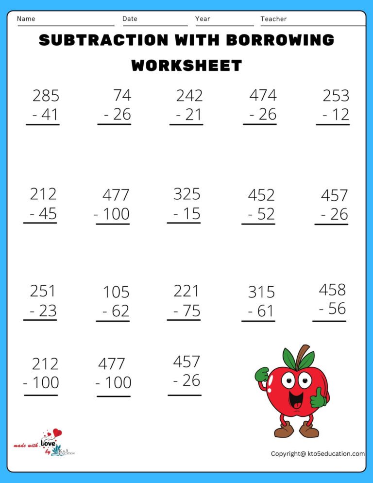 3 Digit Subtraction With Borrowing Worksheet