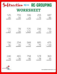3 Digit Subtraction With Re-Grouping Worksheet