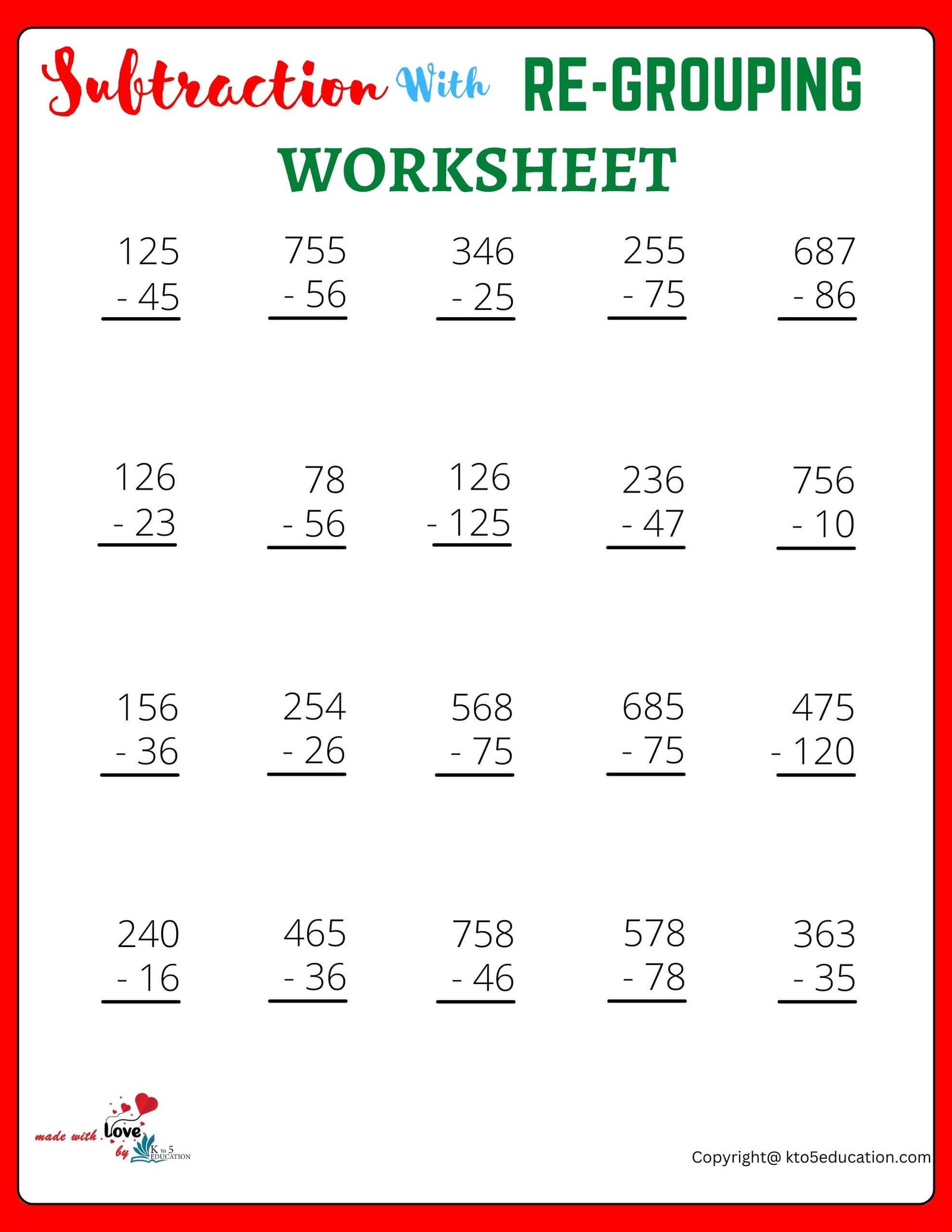 3 Digit Subtraction With Re-Grouping Worksheet