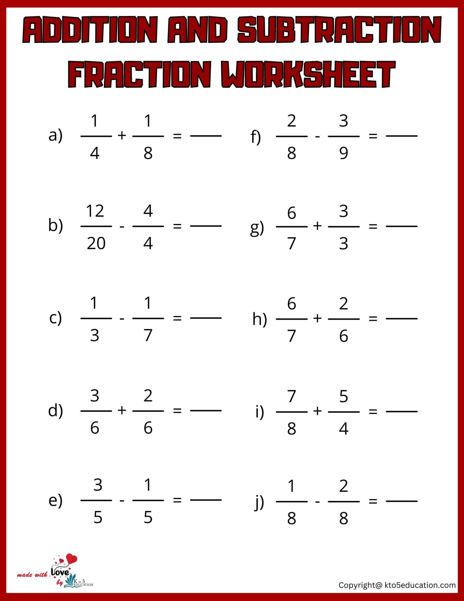 4th Grade Adding Subtracting Fraction Worksheet