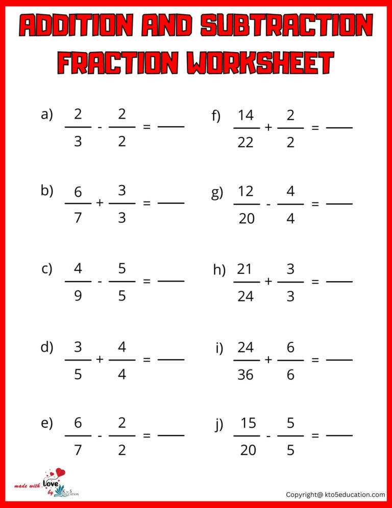 4th Grade Addition And Subtraction Fraction Worksheet | FREE Download