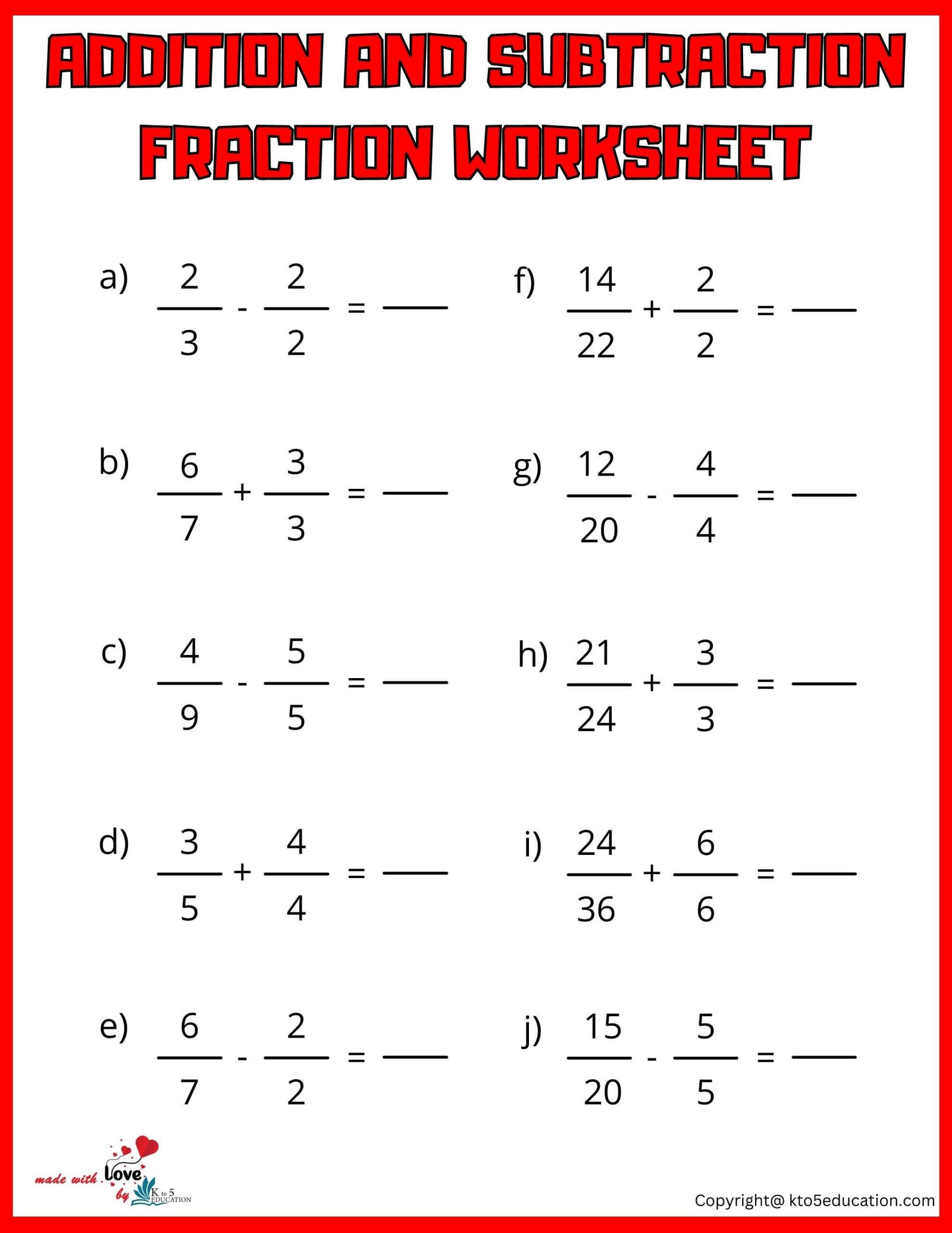 4th Grade Addition And Subtraction Fraction Worksheet