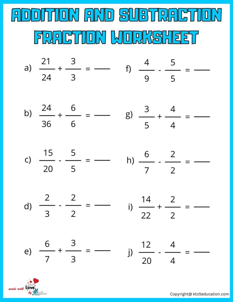 5th Grade Addition And Subtraction Fraction Worksheet