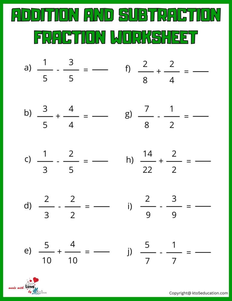 Add And Subtract Fraction Worksheet | FREE Download