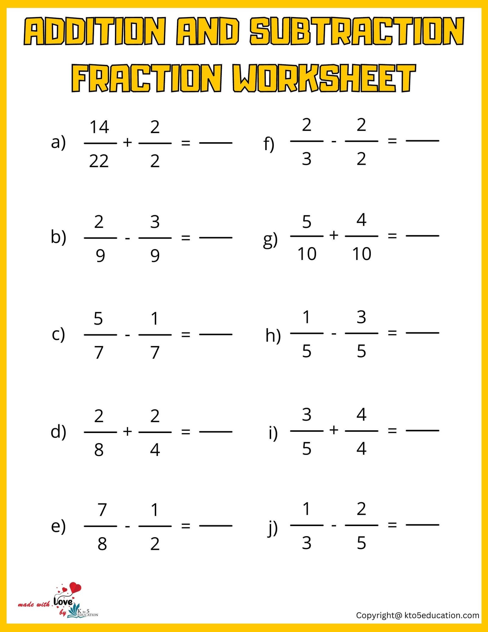 Add And Subtract Fraction Worksheet For Fourth Grade