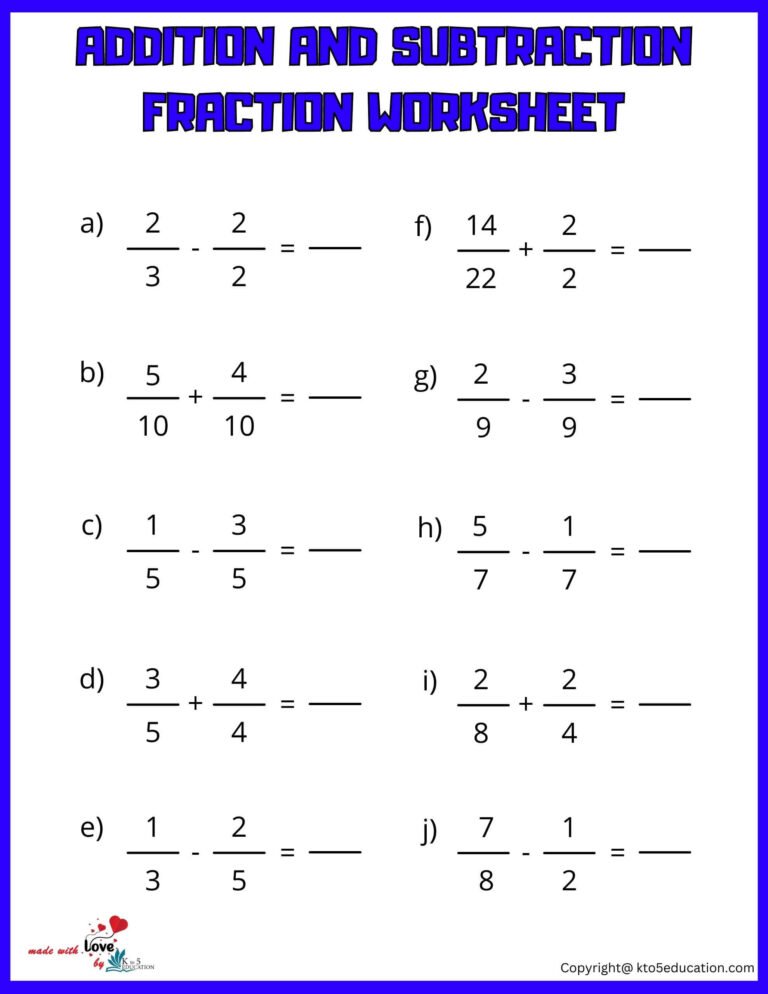 Add Subtract Fraction Worksheet For Fifth Grade