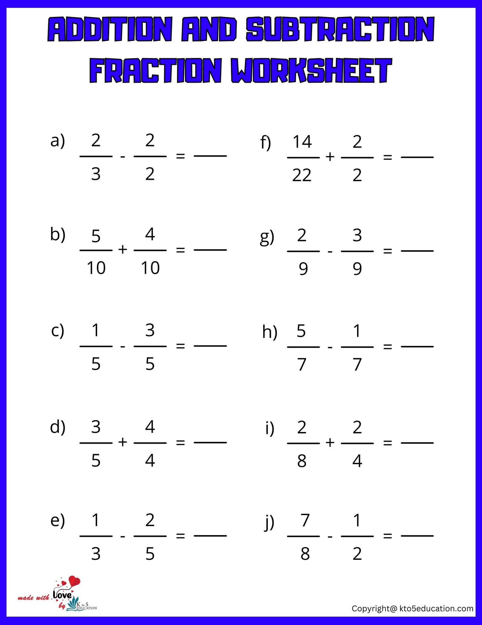 Add Subtract Fraction Worksheet For Fifth Grade