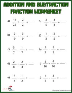 Add Subtract Fraction Worksheets
