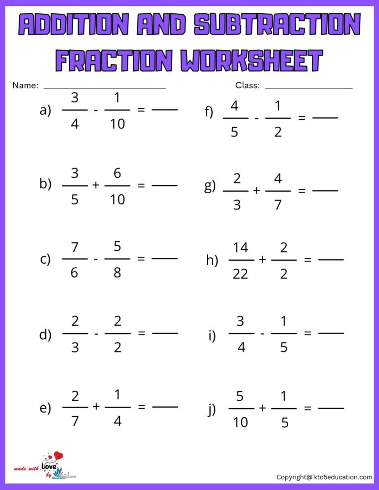 Adding And Subtracting Fraction Worksheet