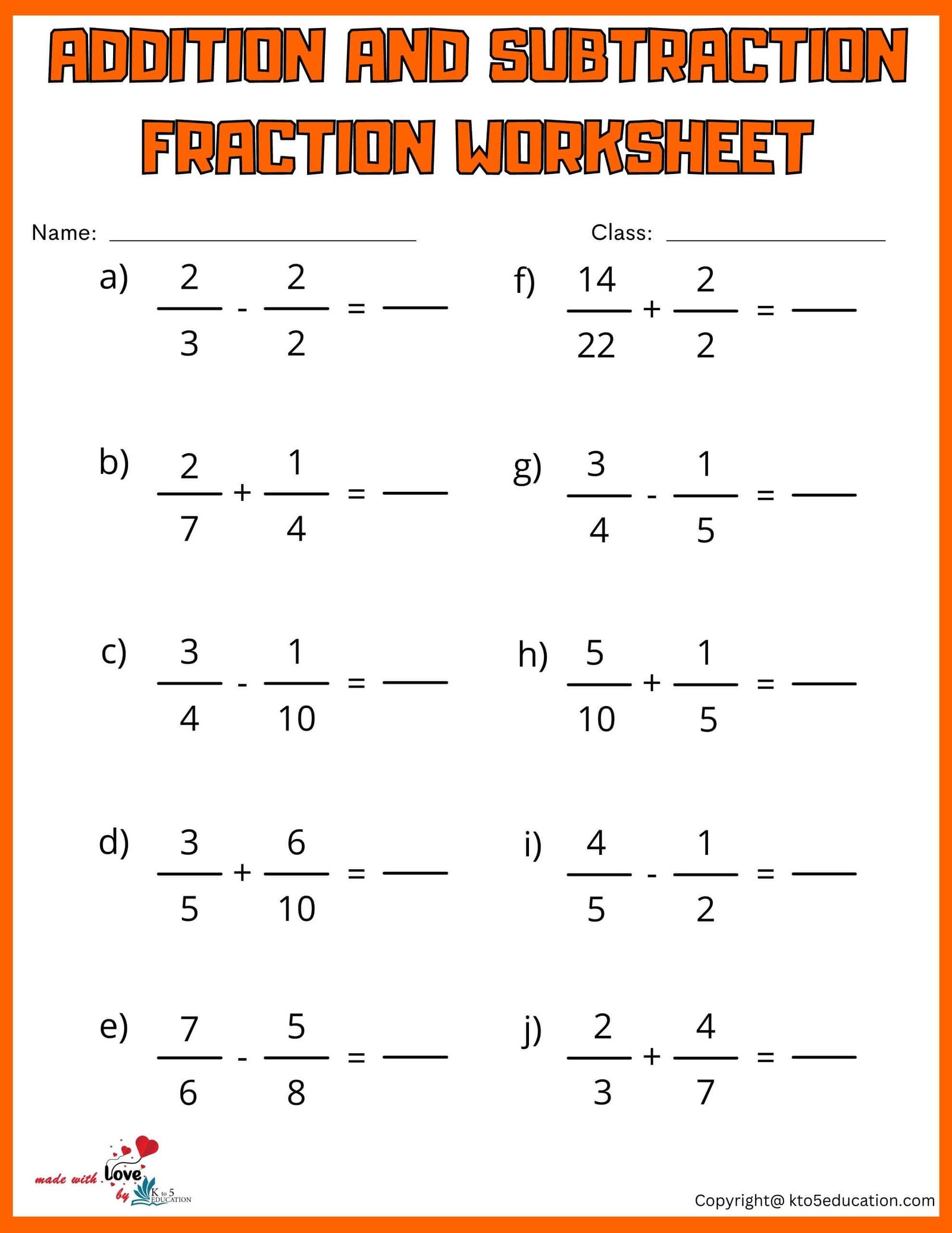 Adding And Subtracting Fraction Worksheet For Fifth Grade