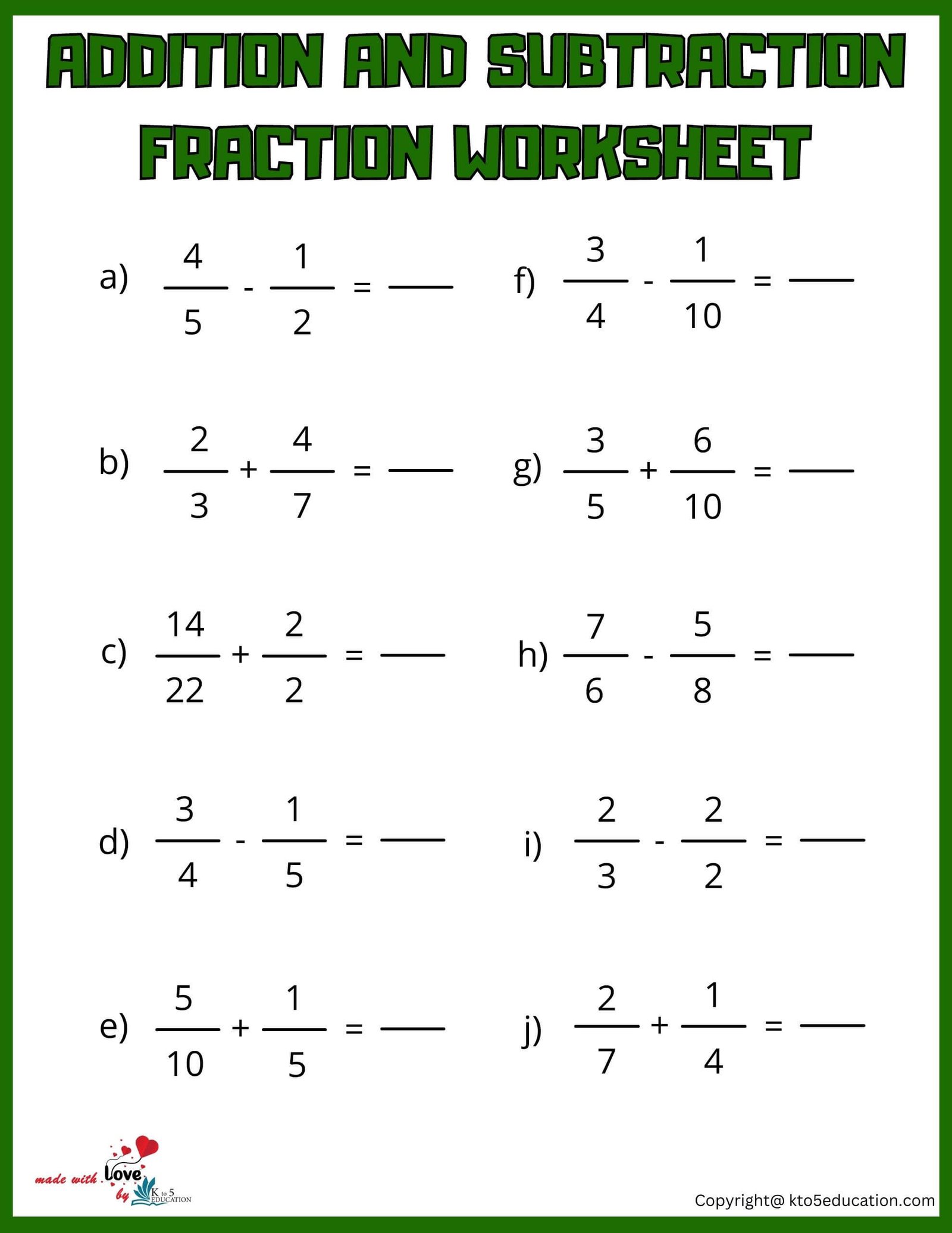 Adding And Subtracting Fraction Worksheet For Fourth Grade