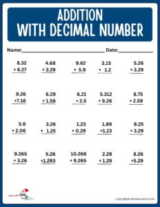 Adding Decimal Number Worksheet