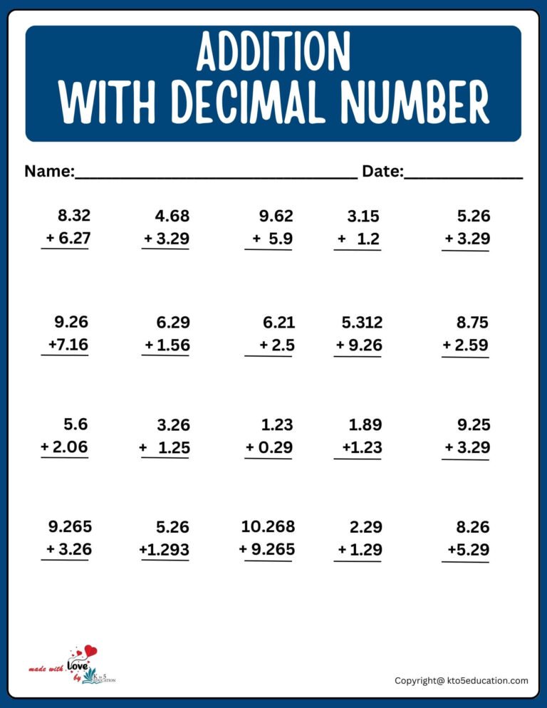 Adding Decimal Number Worksheet | FREE Download