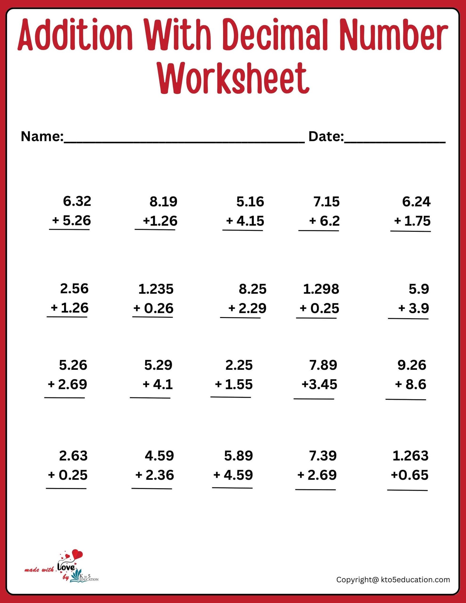 Adding Decimal Numbers Worksheet