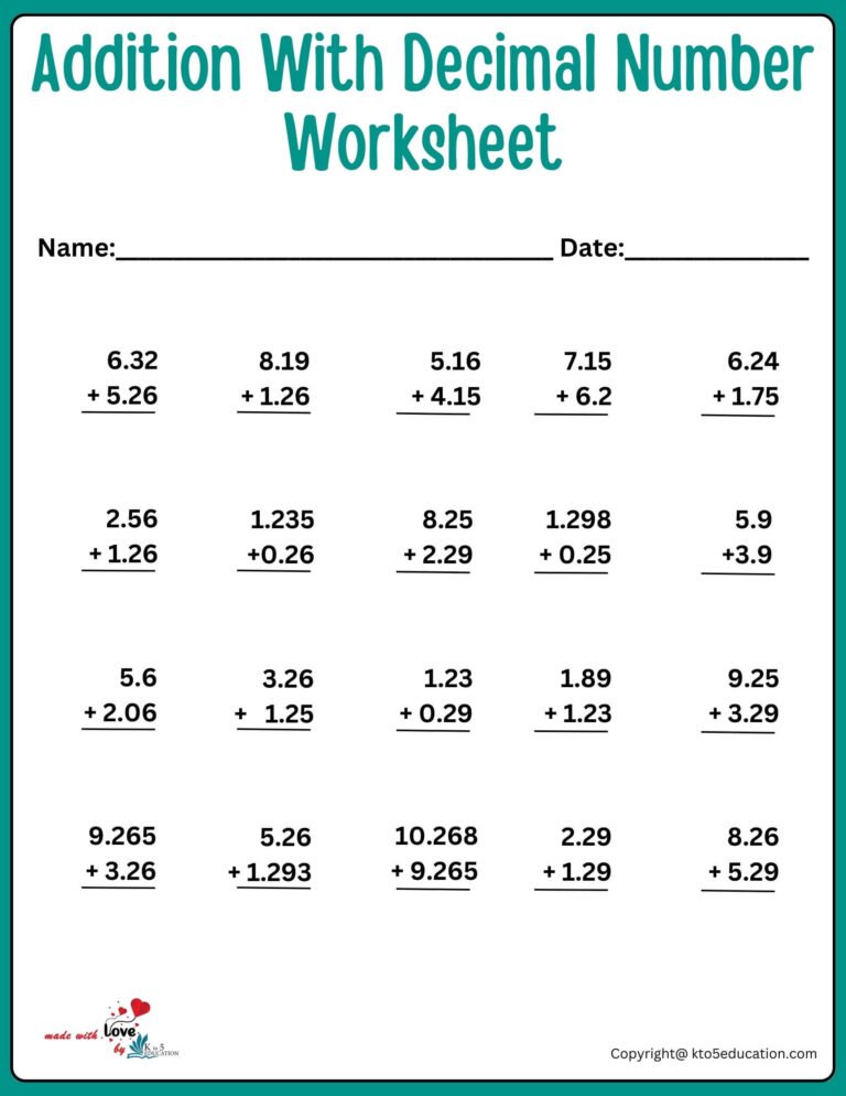 Adding Decimal Worksheet | FREE Download