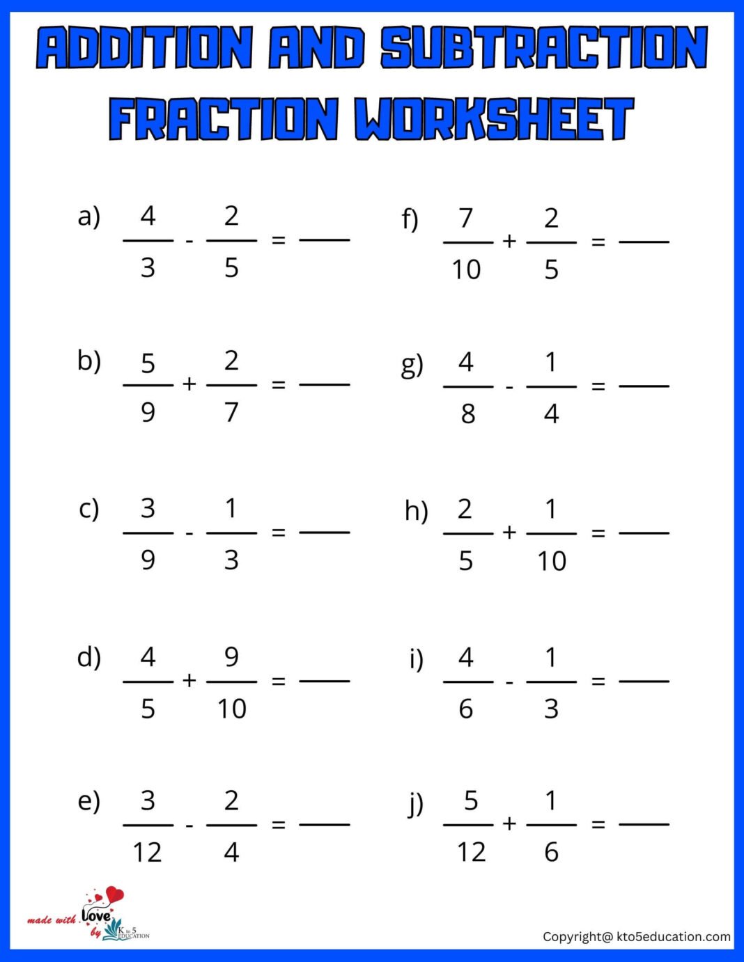 Addition And Subtraction Fraction Worksheet FREE