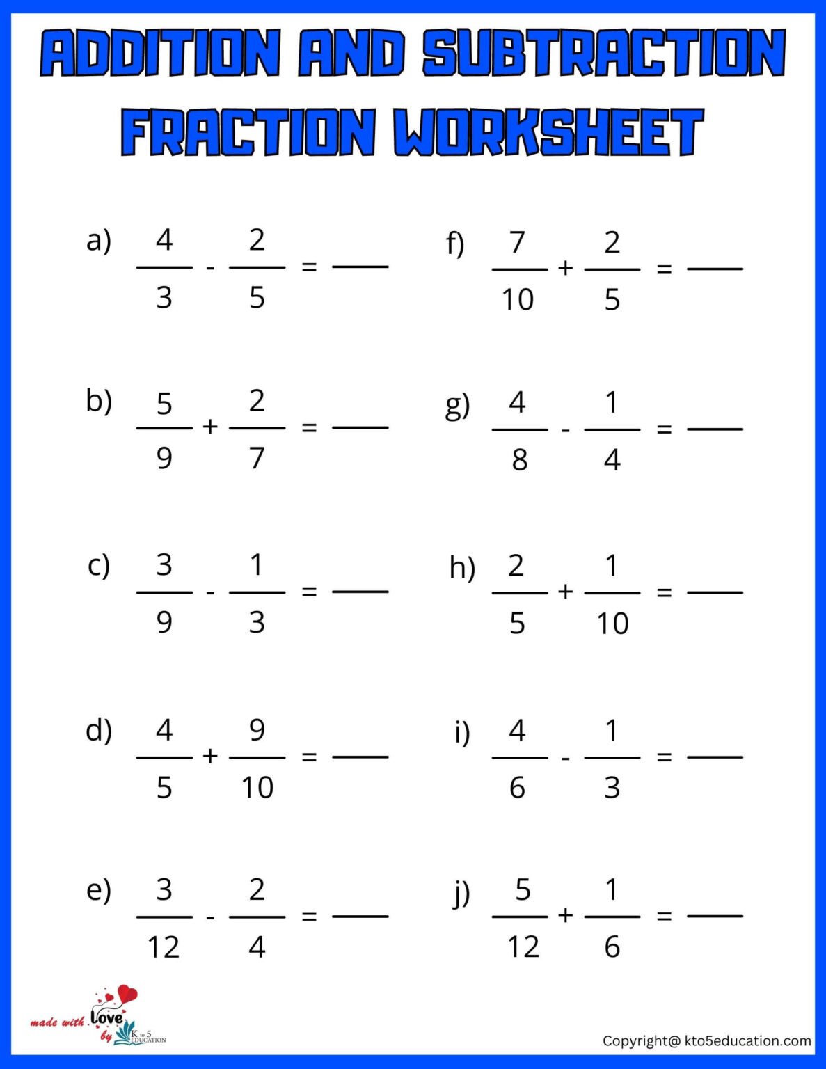 Addition And Subtraction Fraction Worksheet | FREE