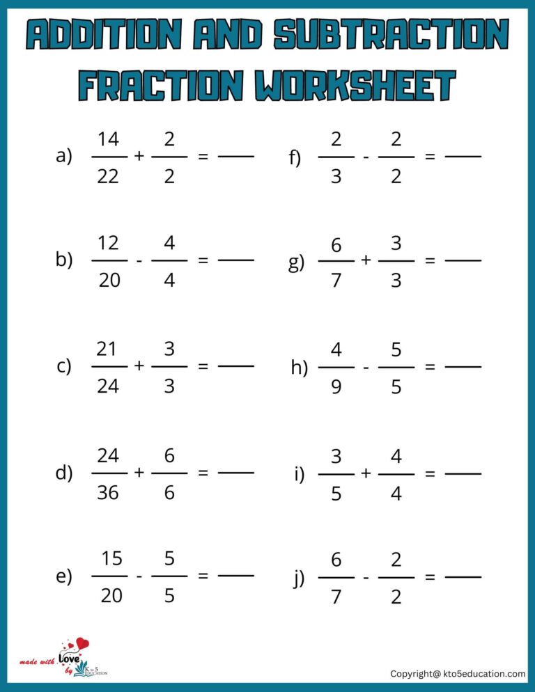 Addition And Subtraction Fraction Worksheet For Online Practice | FREE Download