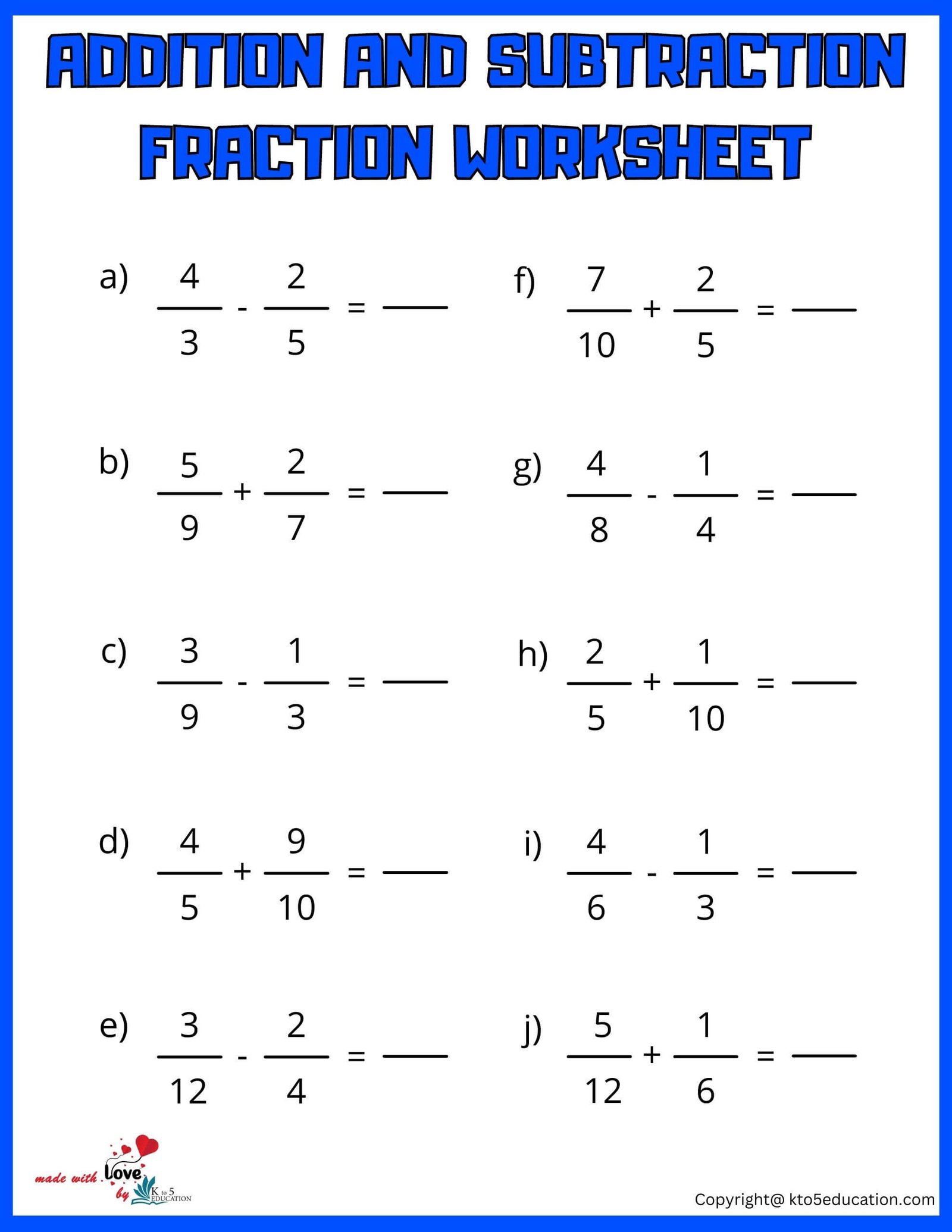 Addition And Subtraction Fraction Worksheet