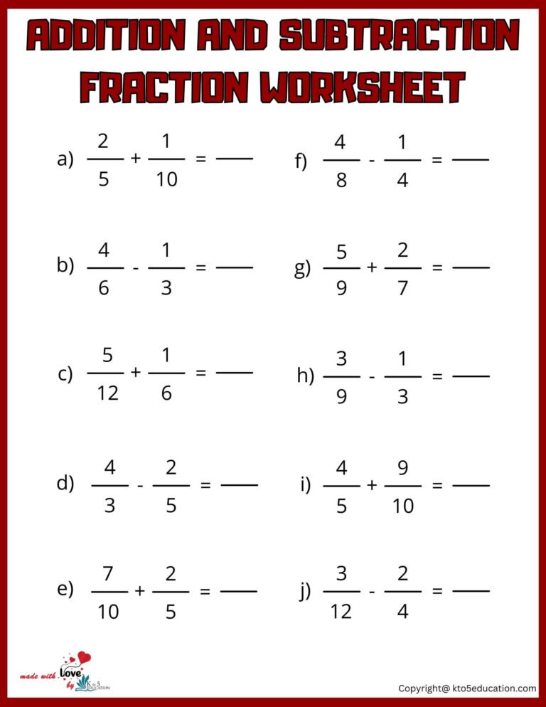 Addition And Subtraction Fraction Worksheets