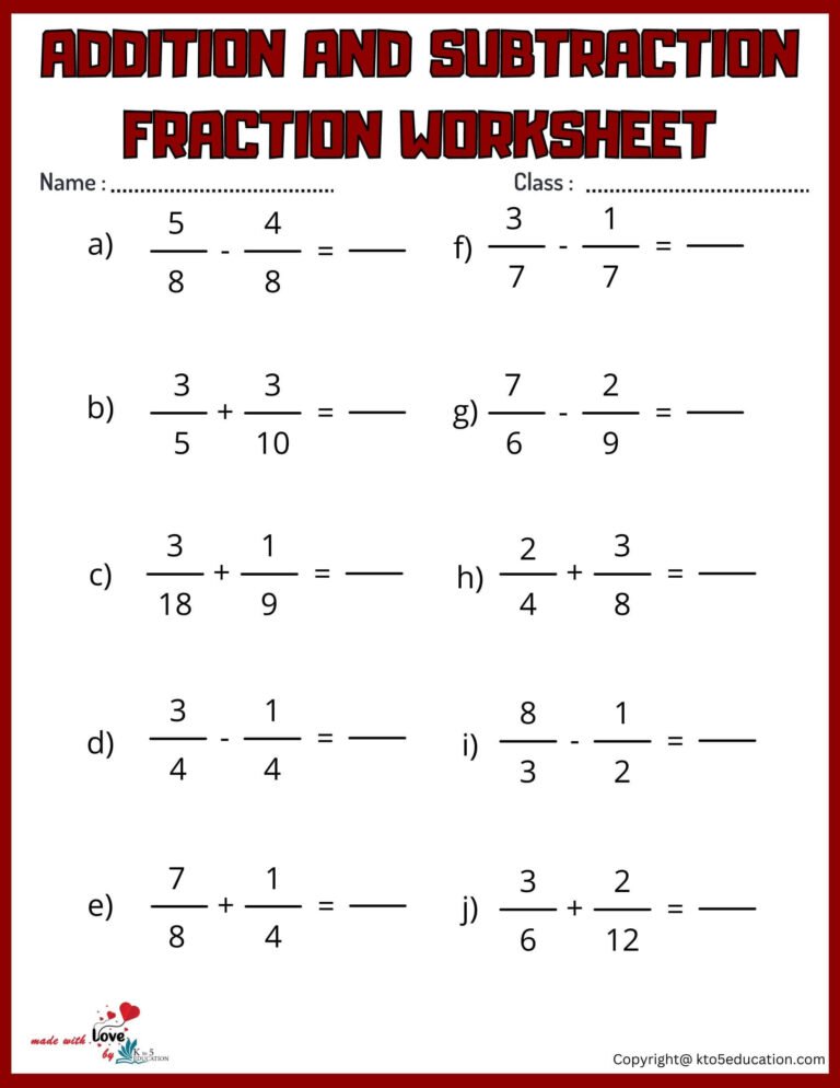 Addition And Subtraction Fractions Worksheet | FREE Download