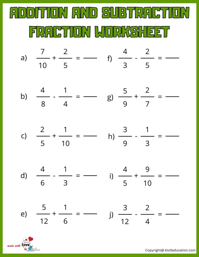 Addition And Subtraction Fractions Worksheet For Online Activity