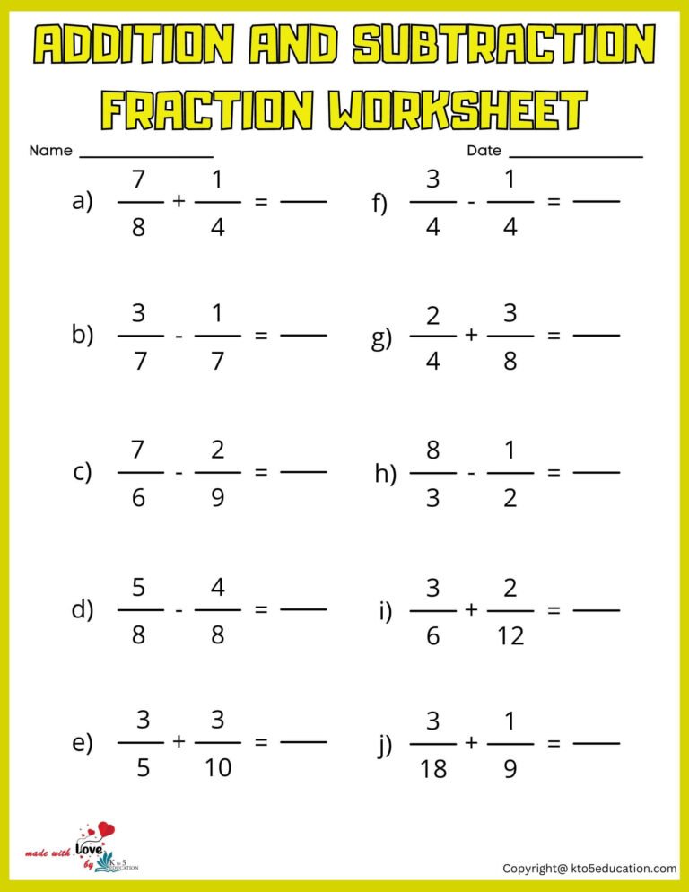 Addition And Subtractions Fraction Worksheet