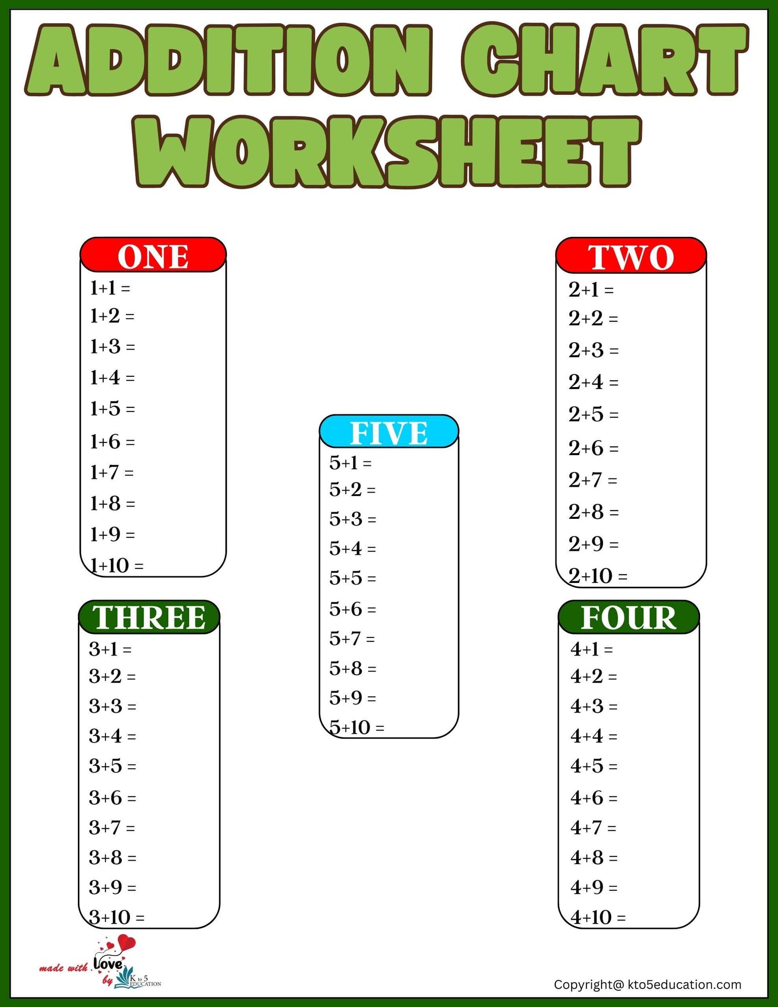 Addition Chart Worksheets