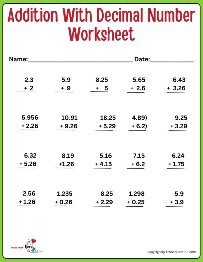 Addition Decimal Worksheet | FREE Download