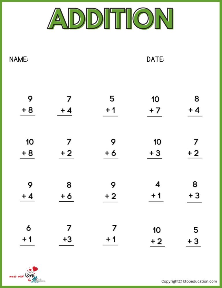 Addition Facts Worksheet For 1st Grade