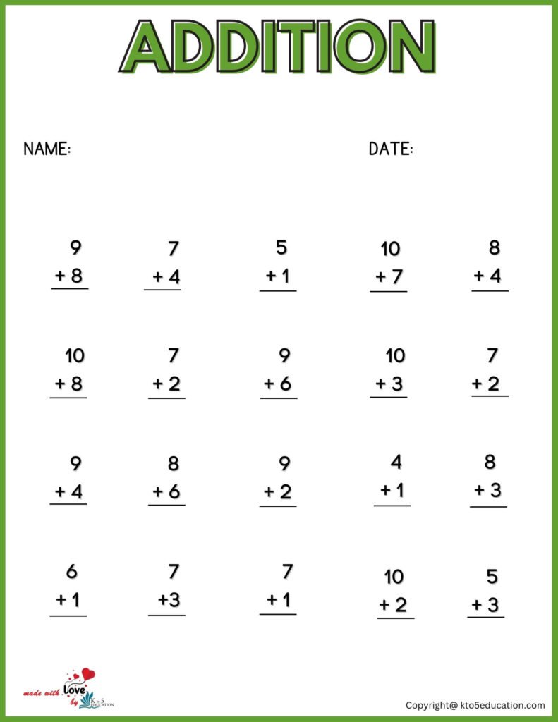 Addition Facts Worksheet For 1st Grade | FREE Download