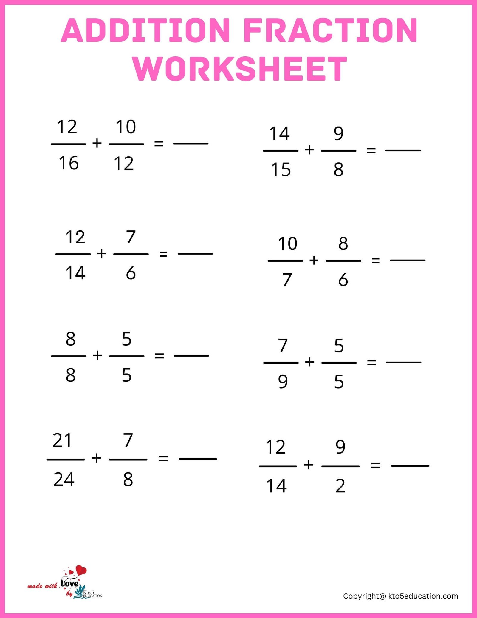 Addition Fraction For Online Activity Worksheet