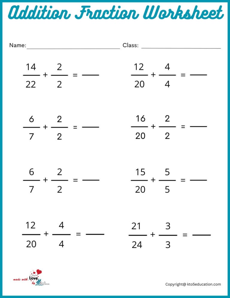 Addition Fraction Printable Worksheet | FREE Download