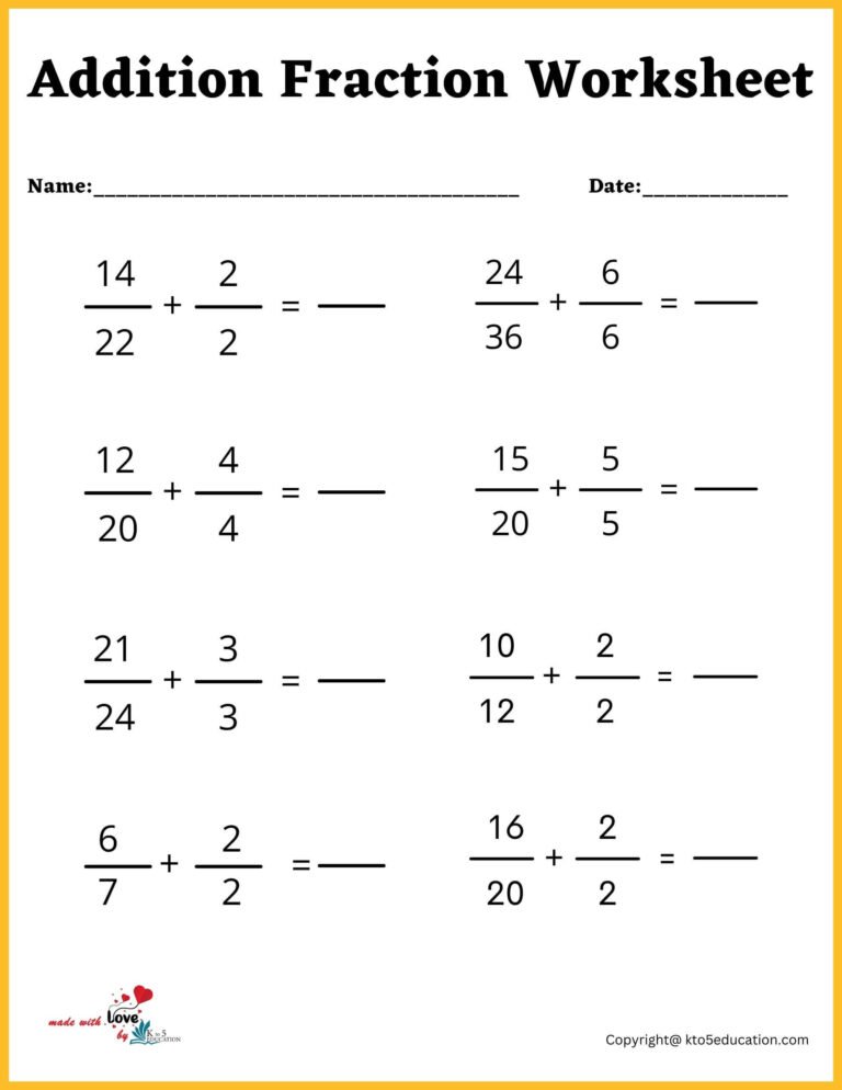 Addition Fraction Worksheet For Kids | FREE Download