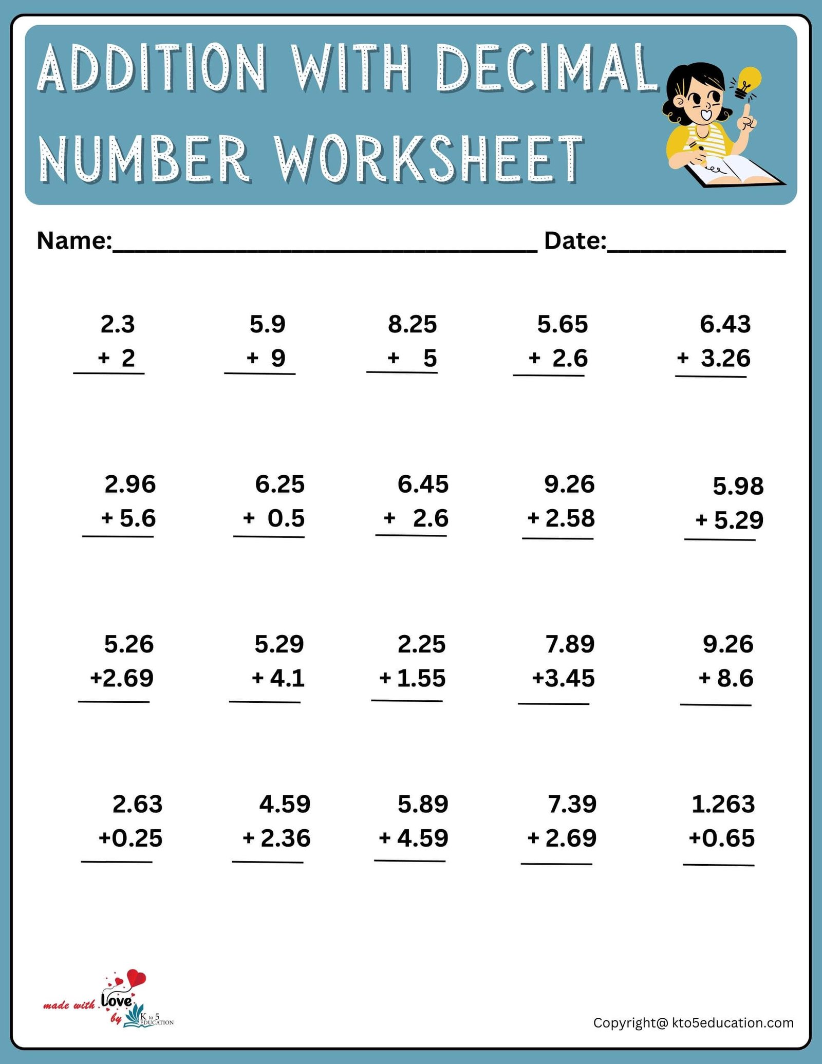 Addition Of Decimal Numbers Worksheet
