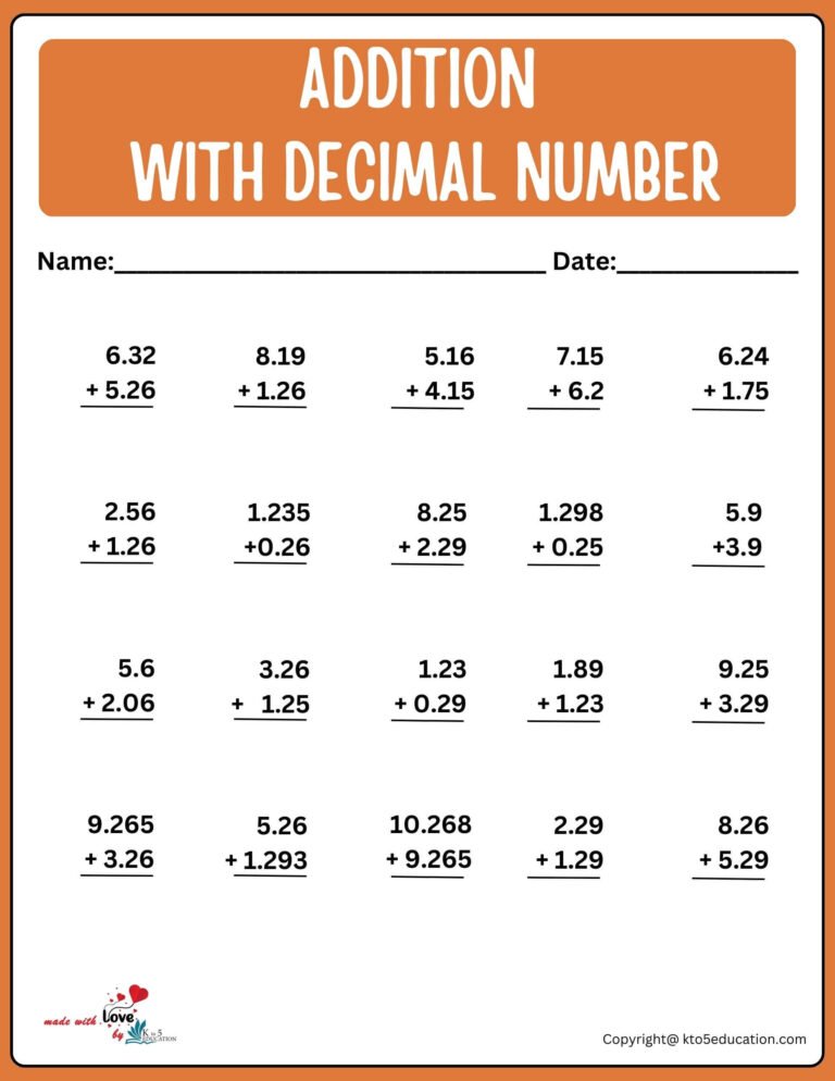 Addition With Decimal Number Worksheet For 3rd Grade | FREE Download