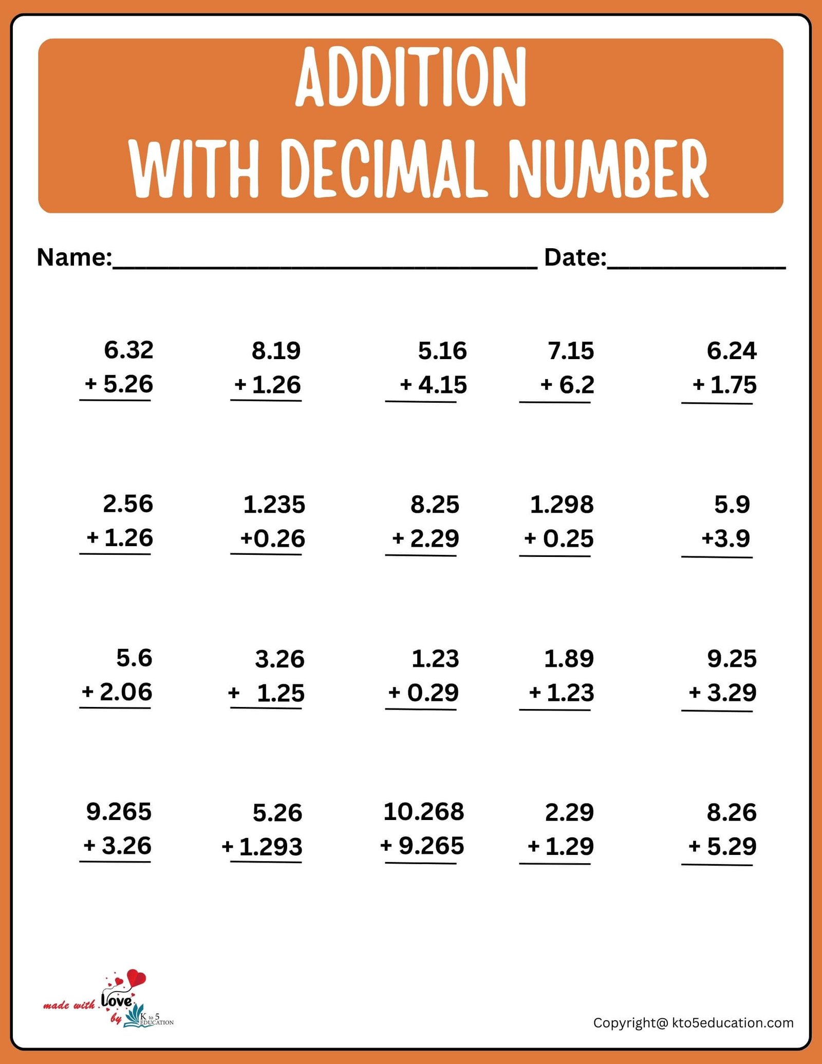 Addition With Decimal Number Worksheet For 3rd Grade