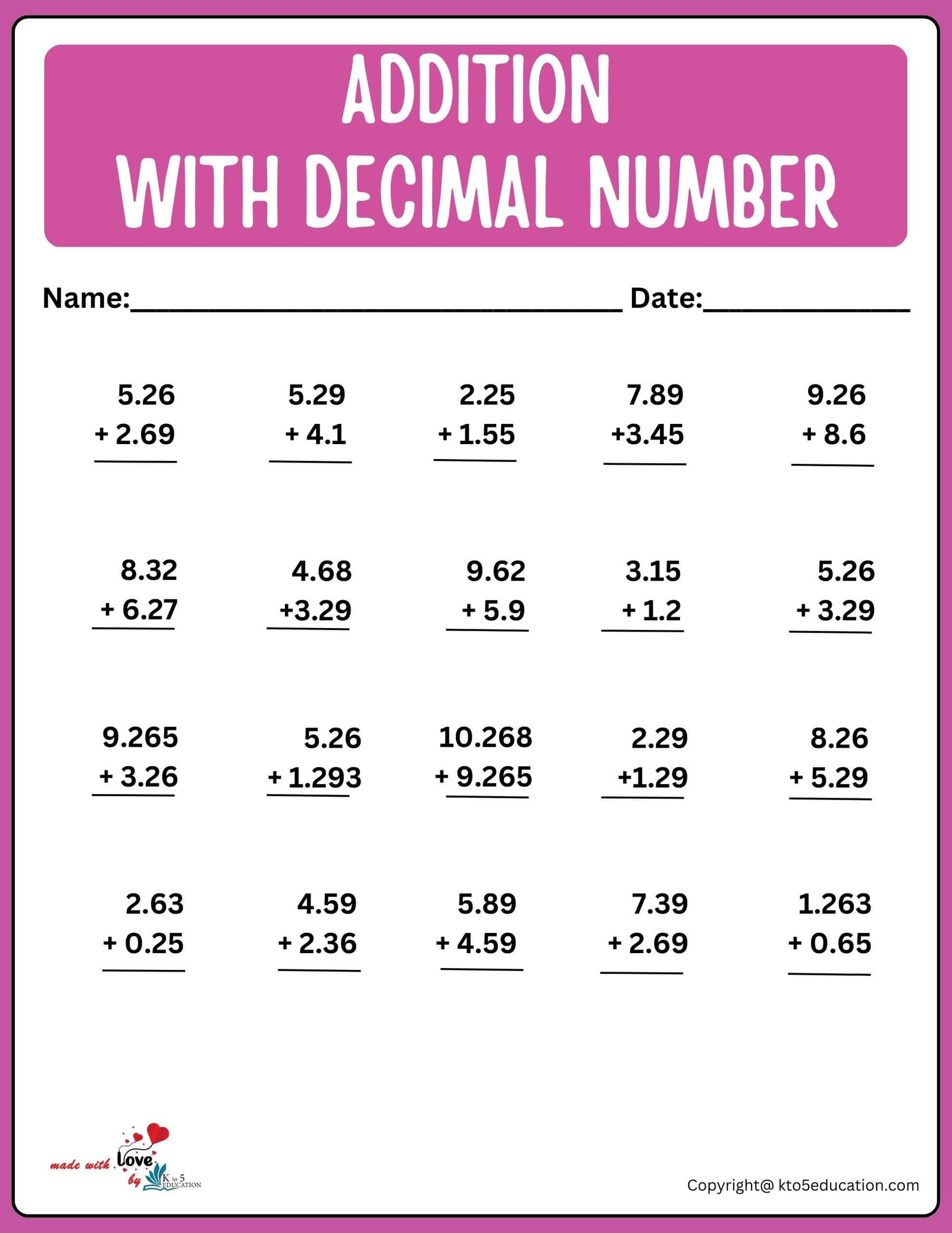 Addition With Decimal Number Worksheet For 5th Grade