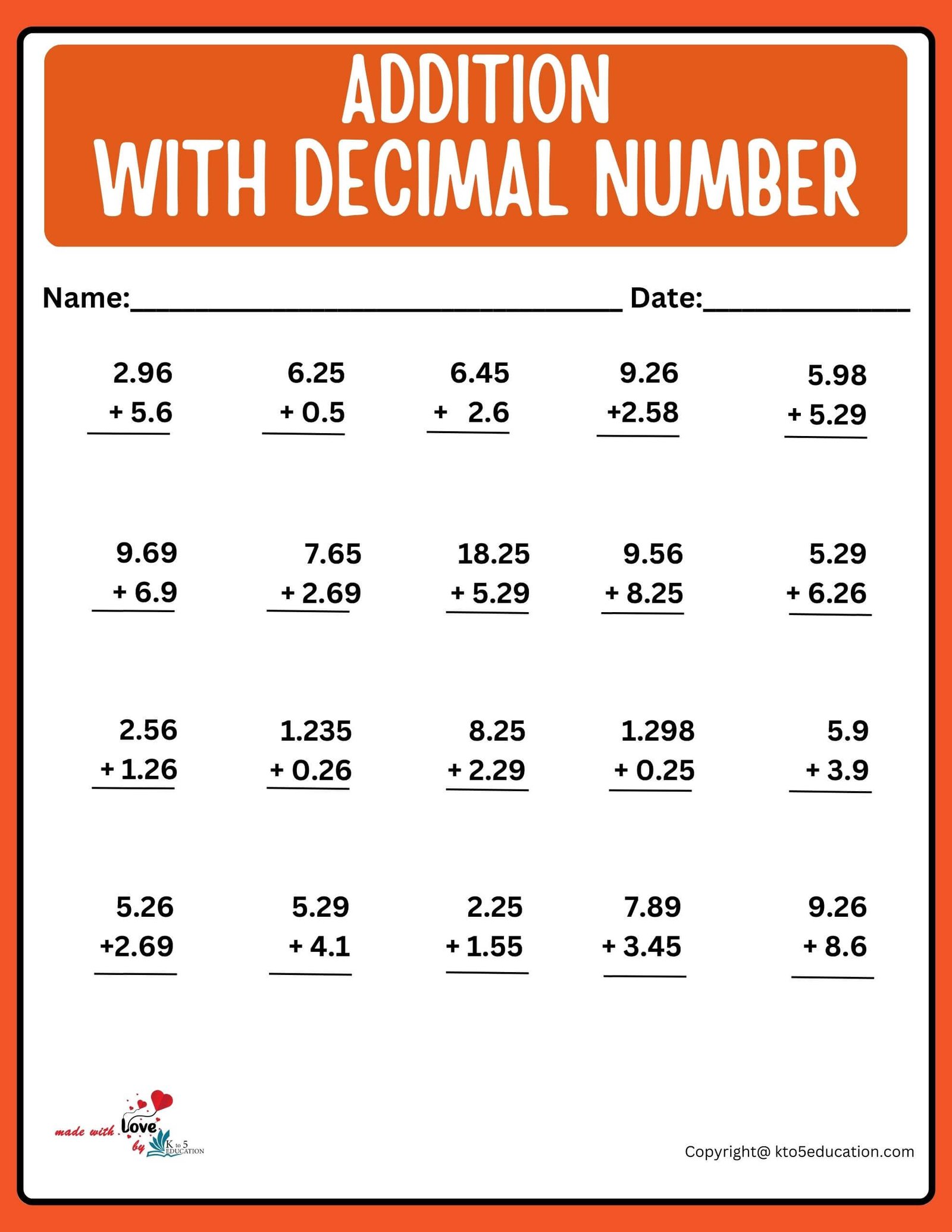 Addition With Decimal Number Worksheet